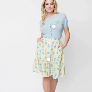 Unique Vintage X  Smurf  Yellow Print Circle Skirt Movie Cartoon Retro Pockets